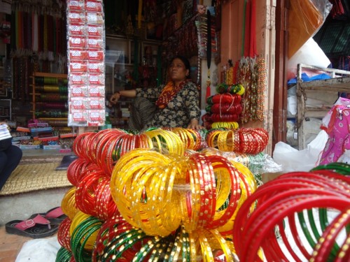 Another cosmetic shop in Patan displaying colorful bangles to attract the customers.